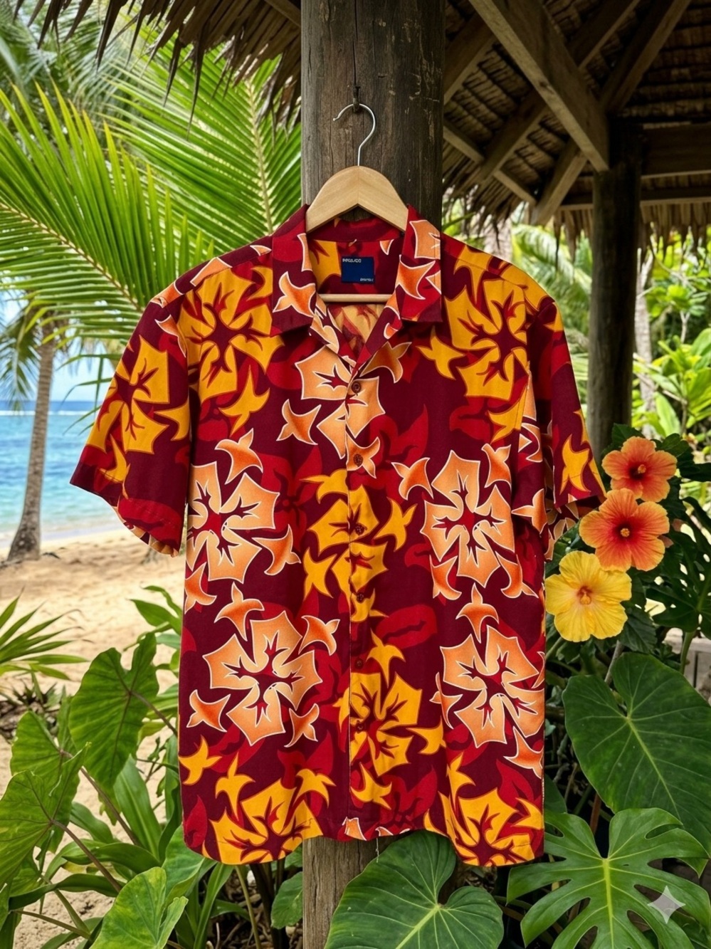 Men's Floral Camp Shirt in Red and Yellow by Unknown Brand